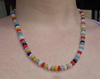 Rainbow Glass Beaded Necklace: Chunky Boho Style, Gold Plated Clasp