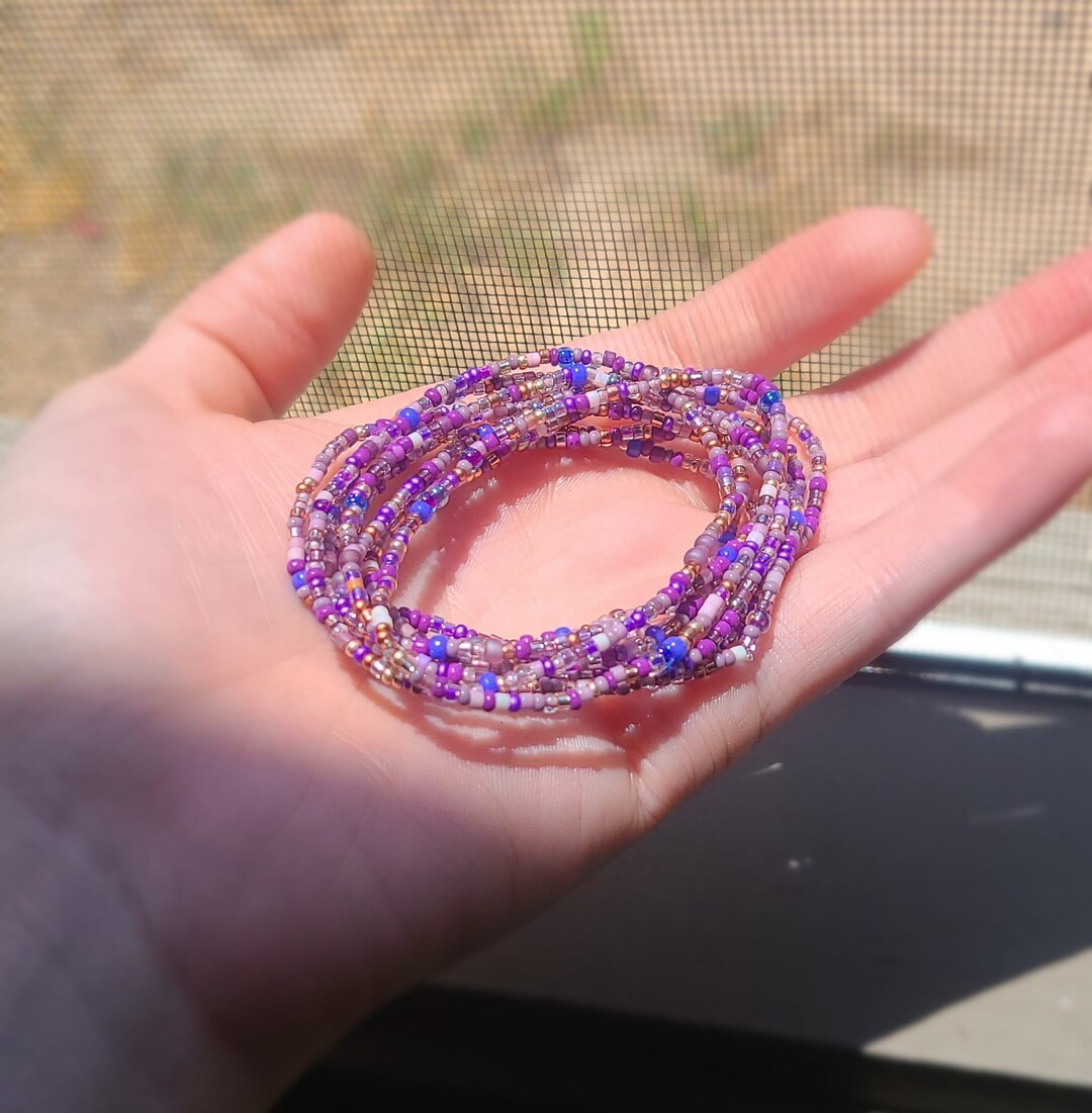 Set of Ten Purple Seed Bead Bracelets, Handmade Jewelry, Tiny Beaded