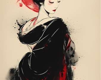 May include: Illustration of a geisha in a black kimono with red accents and a red hair ornament. The geisha is set against a cream-colored background with black and red paint splatter effects. The artwork evokes a sense of traditional Japanese culture.