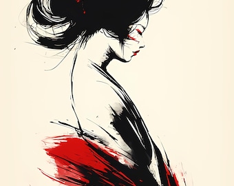May include: Ink drawing of a woman in a traditional Japanese style. The artwork features bold black lines and splashes of red against a cream background. The woman has her hair up and is wearing red lipstick.