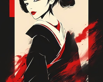 May include: Illustration of a geisha in a black kimono with red accents and a red hairpiece. The artwork features bold lines and a minimalist style, with splashes of red against a cream background. The geisha's makeup includes red lips and eyeliner.