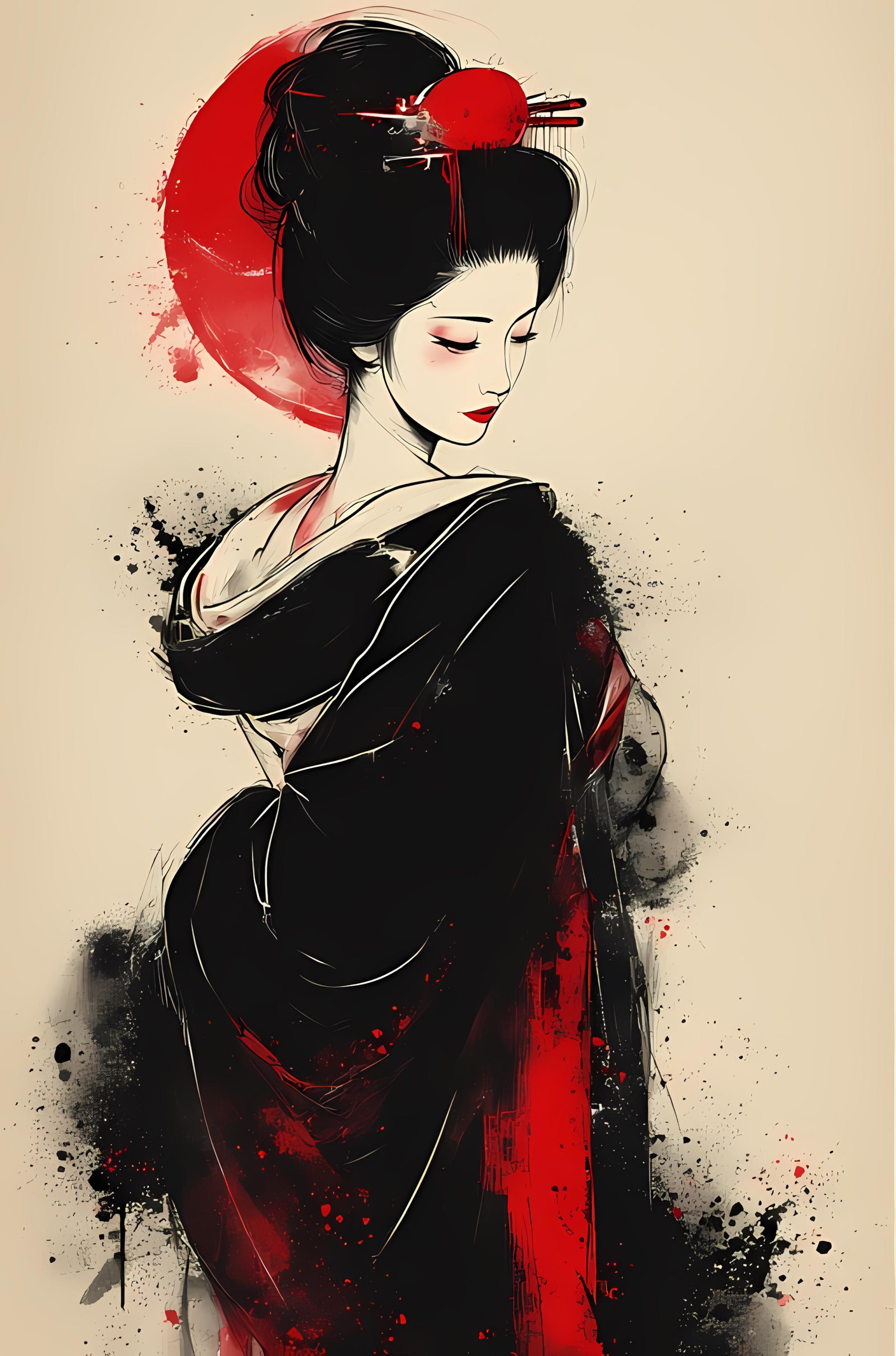 Minimal Japanese Geisha Wall Art Printable, Red and Black Ink Style ...