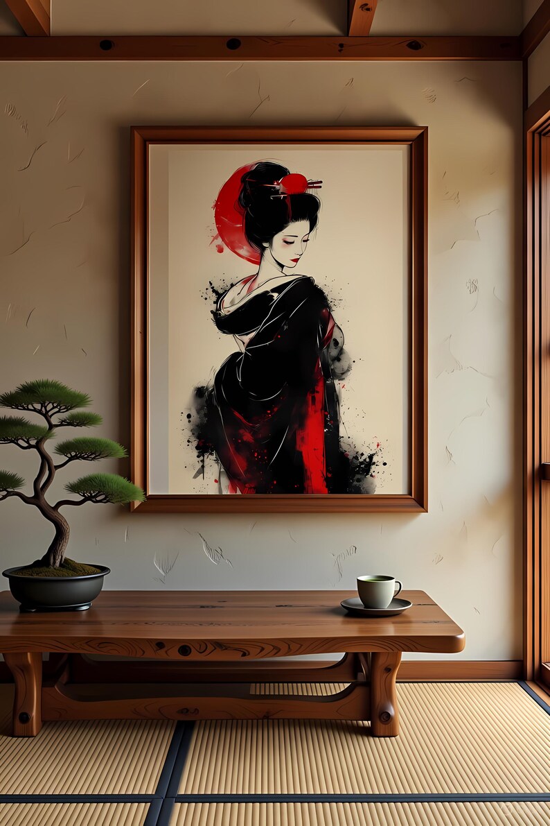 Minimal Japanese Geisha Wall Art Printable, Red and Black Ink Style ...