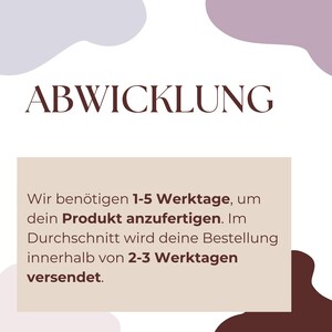 May include: The word "ABWICKLUNG" in a dark brown font is displayed at the top of the image. Below, text in a light brown rectangle states: "We need 1-5 business days to make your product. On average, your order will ship within 2-3 business days."