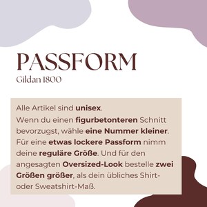 May include: A graphic with the word "PASSFORM" in a dark brown font, with "Gildan 1800" below it. The text below explains sizing for a unisex fit, advising to size down for a more fitted look, or up for a looser fit.