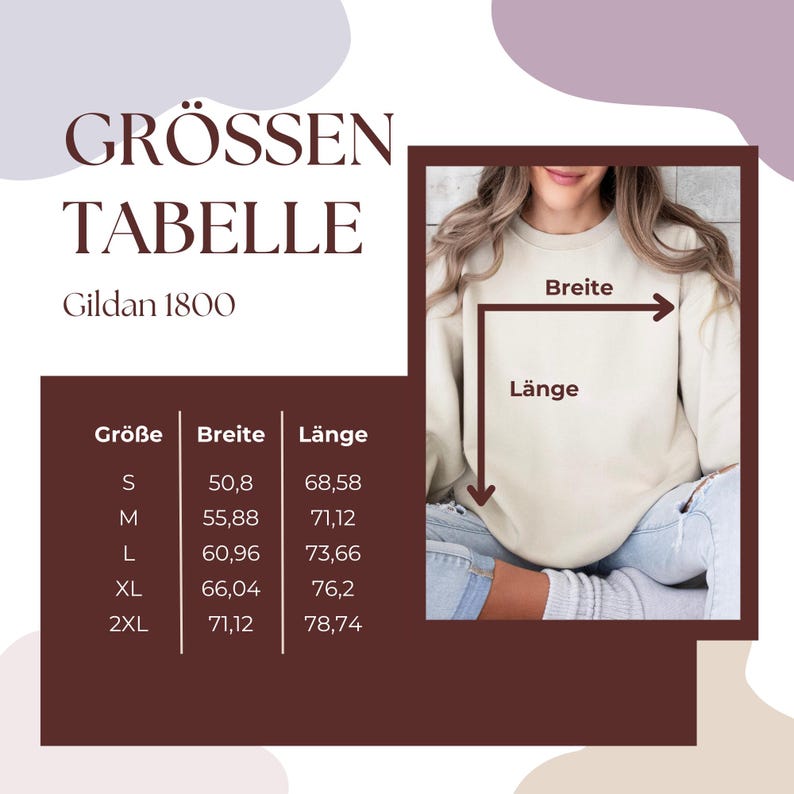 May include: A size chart for Gildan 1800 sweatshirts, with measurements in centimeters. The chart includes sizes S, M, L, XL, and 2XL, with corresponding width and length measurements. The image also shows a person wearing a sweatshirt, with arrows indicating width and length.