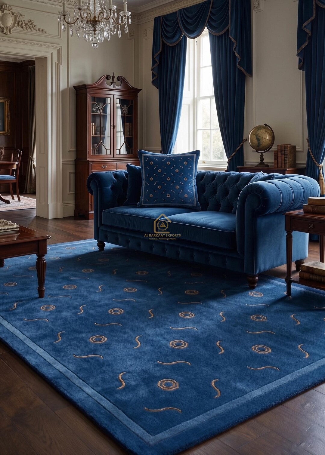 Navy Blue Hand Tufted Wool Rug – Geometric Gold Motifs, Minimalist ...