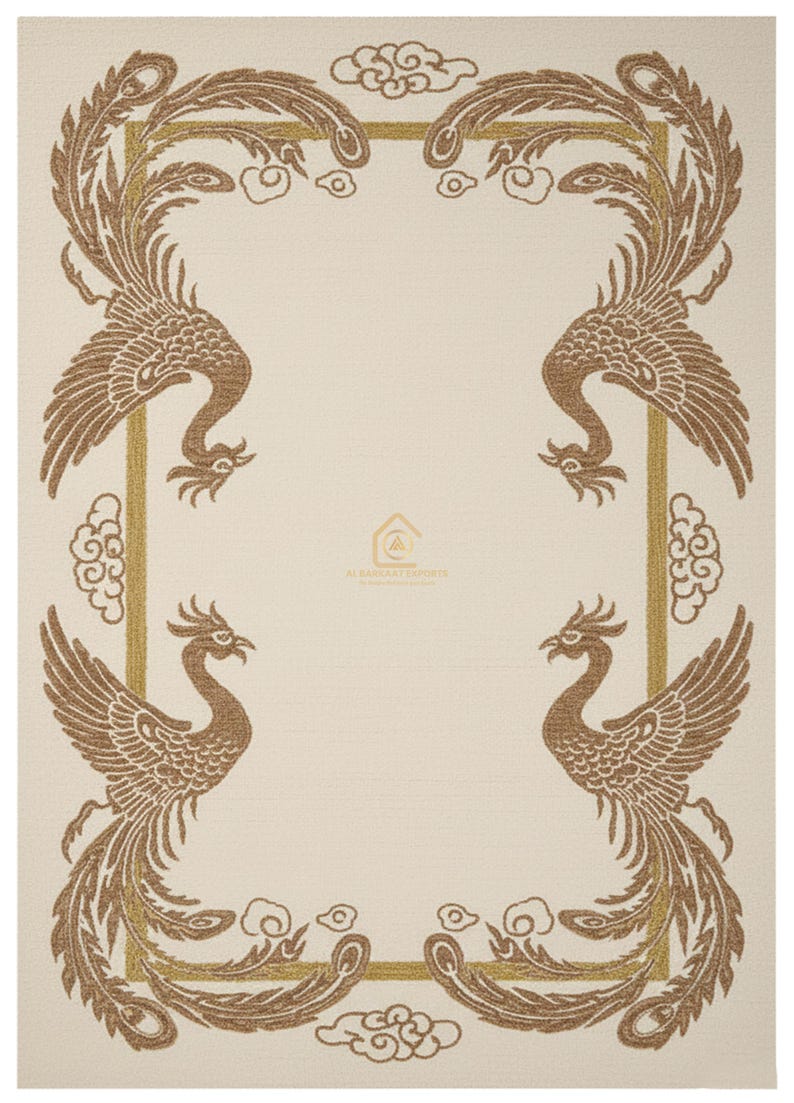May include: Cream-coloured textile featuring a repeating pattern of phoenixes in shades of brown and gold. The phoenixes are arranged within a rectangular frame, with clouds and decorative elements. The textile has a subtle texture and a logo in the centre.