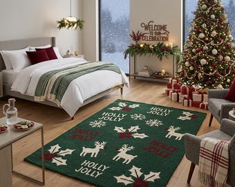 Weihnachtsteppich, handgetuftet, Weihnachtsteppich mit Rentier- und Holly Berry-Design, grüner Weihnachtsteppich,