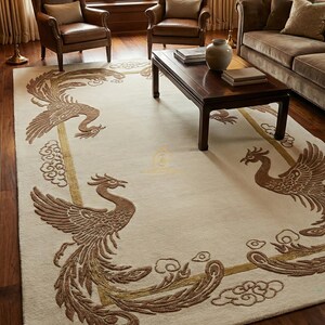 May include: Cream-coloured area rug with an embroidered design of two phoenixes in brown and gold. The rectangular rug is placed in a living room with brown furniture. The rug's dimensions are suitable for a living room.