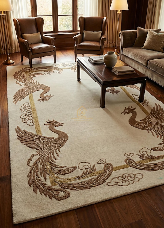 Elegant Phoenix Bird Hand Tufted Rug Artisan Handmade Carpet Home Decor