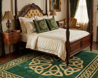 May include: A bedroom with a dark wood four-poster bed, cream bedding, and green cushions. A green rug with a gold Celtic knot design is under the bed. The room has a classic, elegant style, with a painting and curtains.