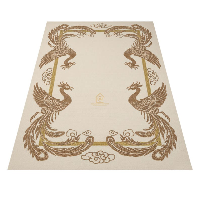 May include: Beige rectangular rug with a brown phoenix design at each corner, framed by a gold border and cloud motifs. The rug has a central beige area and is suitable for home decor.