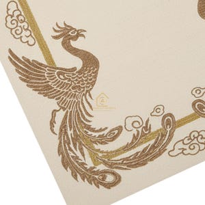 May include: Cream-coloured textile featuring a detailed brown phoenix design. The phoenix is depicted with outstretched wings and flowing tail feathers, surrounded by stylised cloud motifs and gold accents. The design is on a textured surface.