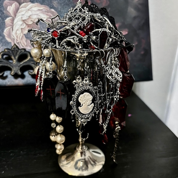 Handmade Gothic Mystery Jewelry Jar, Spooky Witch Rings, Earrings, Necklace Set