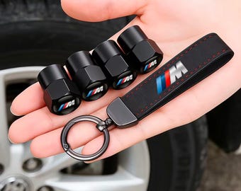 BMW M Tire Valve Caps & Keychain Set | Car Wheel Valve Stem Covers + Metal Key Ring | Auto Accessories