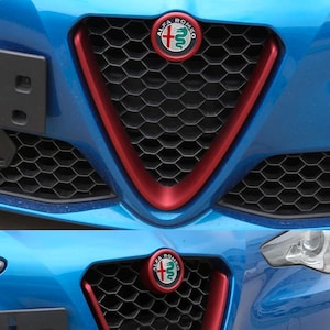 Puede incluir: Primer plano de la parrilla delantera azul de un coche con un borde rojo. La parrilla tiene un patrón de panal. Un emblema circular con una serpiente y una cruz está centrado en la parrilla.