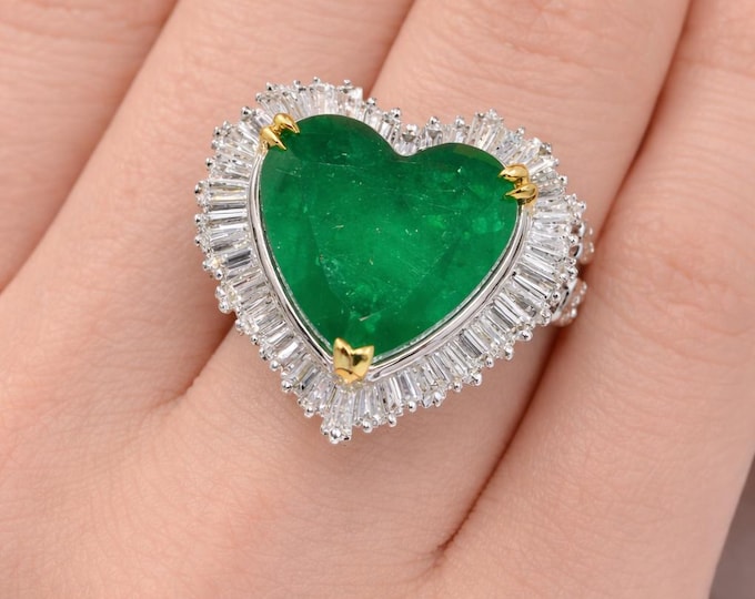 Featured listing image: 23.60 Ct Natural Emerald & Diamond Heart Ring in Platinum And 18K Yellow Gold | High Jewelry Statement Ring Handmade Jewelry Gift For Her