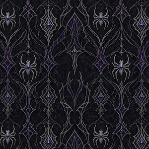 May include: A dark, gothic-style pattern featuring stylized silver spiders and webs against a black background. The design incorporates purple diamond shapes, creating a textured, repeating motif. The overall aesthetic is reminiscent of Halloween or fantasy themes.