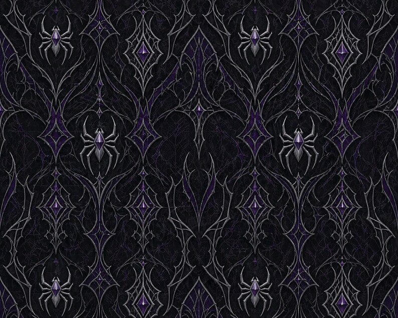 May include: A dark, gothic-style pattern featuring stylized silver spiders and webs against a black background. The design incorporates purple diamond shapes, creating a textured, repeating motif. The overall aesthetic is reminiscent of Halloween or fantasy themes.