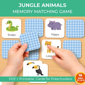 Dschungeltier-Memory-Spiel zum Ausdrucken für Kinder, passende Karten, Vorschulaktivität, 16 Paare PDF