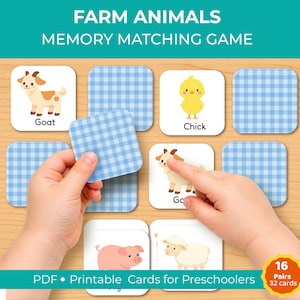 農場の動物の記憶力マッチングゲーム（印刷可能）、カード付き幼児向け学習アクティビティ
