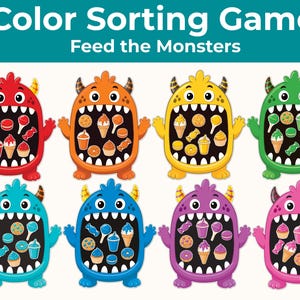 May include: A colour sorting game titled Color Sorting Game Feed the Monsters featuring eight cartoon monsters in red, orange, yellow, green, light blue, dark blue, purple, and pink, each with a wide mouth filled with matching coloured treats.