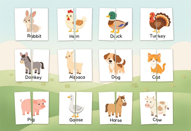 Printable Farm Animal Symmetry Cards, Montessori Toddler Activity, Half ...