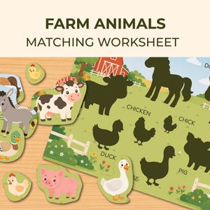 Farm Animal Shadow Matching Game, Learning Binder Pages, Busy Book Toddler Velcro Activity