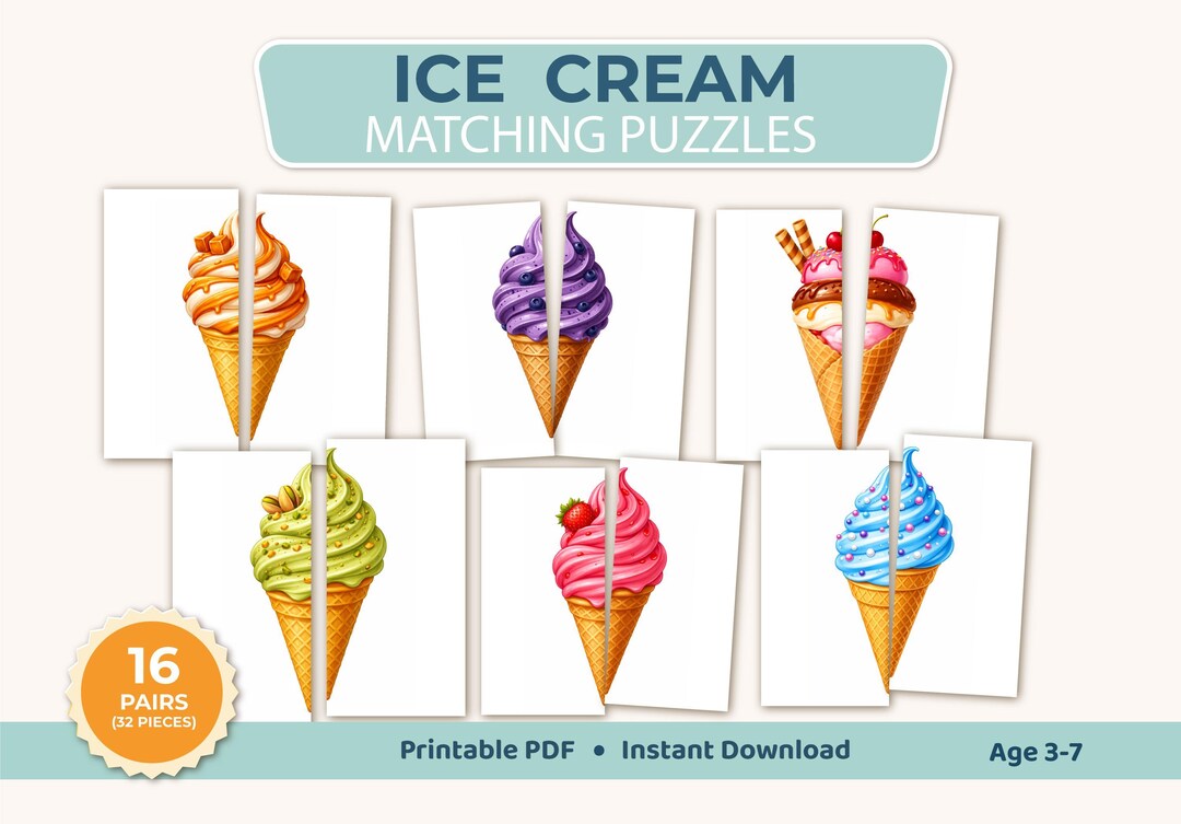Ice Cream Matching Game Printable, Toddler Activity, Preschool Learning ...