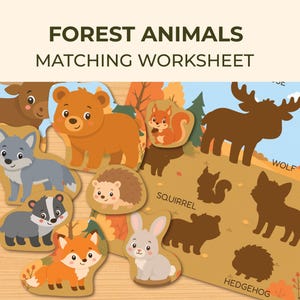 Juego imprimible para emparejar animales del bosque, actividad de sombras del bosque, libro de actividades Montessori para preescolar.