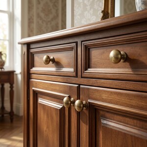Puede incluir: Primer plano de un mueble de madera con dos cajones y dos puertas. El mueble es de color marrón cálido con pomos de latón. Los cajones y las puertas tienen un diseño de panel empotrado. La habitación está bien iluminada.