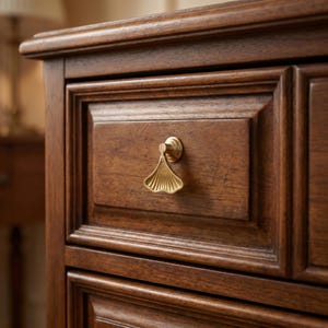 Puede incluir: Primer plano de un cajón de madera con un tirador dorado en forma de hoja de ginkgo. El cajón es de madera marrón oscuro con un diseño de panel rectangular. El tirador está montado en el centro del cajón.