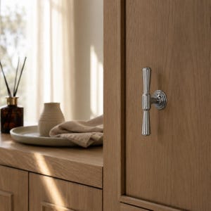 May include: A close-up of a wooden cabinet door with a silver, vertical handle. The handle has a ribbed design and is mounted on a circular base. The door is made of light brown wood.