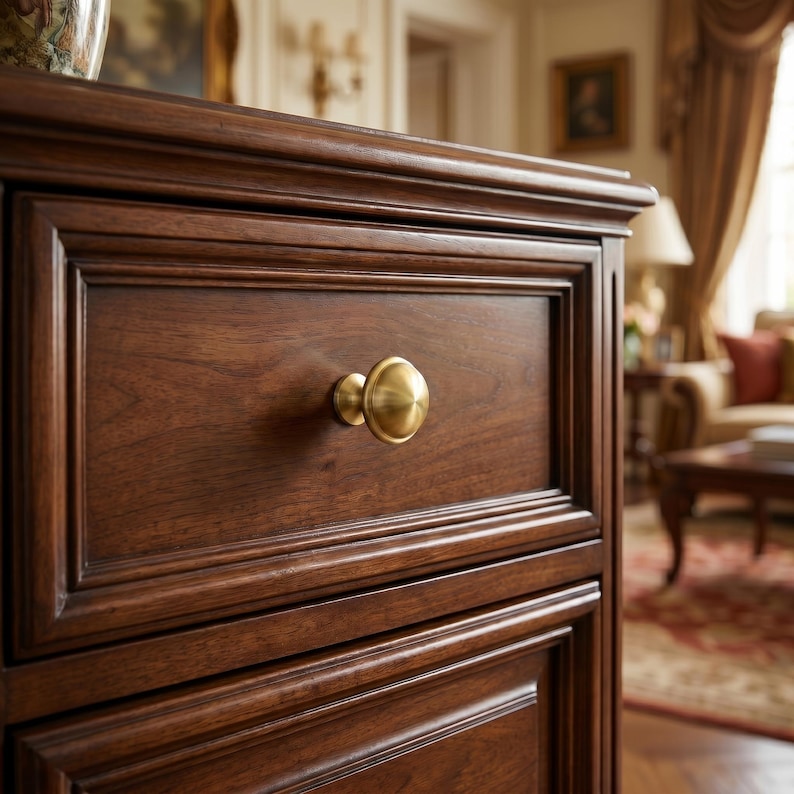 Op de afbeelding: Close-up van een donkerbruine houten lade met een goudkleurige knop. De lade heeft een verzonken paneelontwerp en maakt deel uit van een groter meubelstuk. De houtnerf is zichtbaar en de afwerking is glanzend.