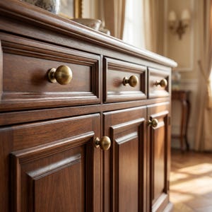 May include: A close-up of a dark brown wooden cabinet with multiple drawers and doors. The cabinet has a classic design with gold-colored knobs. The wood grain is visible, and the cabinet appears to be well-crafted.