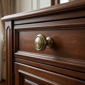 May include: Close-up of a dark brown wooden dresser with a brass knob. The knob is round with a circular design. The dresser has a classic, traditional style with detailed moulding and panelling.