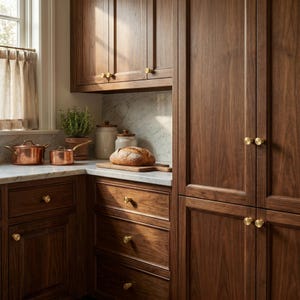 Puede incluir: Una cocina con gabinetes de madera oscura y encimeras de m&aacute;rmol. Ollas de cobre y una barra de pan est&aacute;n sobre la encimera. Los gabinetes tienen pomos de lat&oacute;n. Se ve una ventana con una cortina transparente.