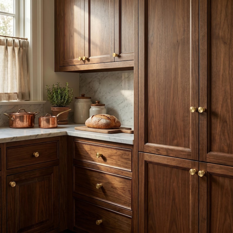 Puede incluir: Una cocina con gabinetes de madera oscura y encimeras de m&aacute;rmol. Ollas de cobre y una barra de pan est&aacute;n sobre la encimera. Los gabinetes tienen pomos de lat&oacute;n. Se ve una ventana con una cortina transparente.