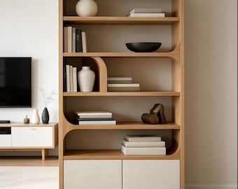 Minimalist Solid Wood Bookshelf with Curved Arch Shelves, Modern Display Cabinet with Drawers, Oak Finish Library Storage Unit