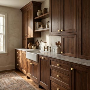 May include: A kitchen with dark wood cabinetry, drawers, and a white farmhouse sink. The cabinets have gold-colored knobs. A marble countertop and a bronze faucet are also visible. Shelves hold pottery and books. A patterned rug is on the wooden floor.