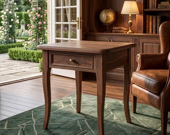 Solid Wood Side Table with Drawer, Walnut or Oak End Table, Square Bedside Table, Traditional Wood Nightstand, Living Room Accent Table