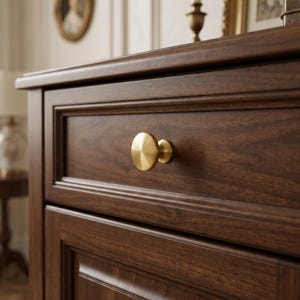 May include: Close-up of a dark brown wooden cabinet with a gold-colored, round drawer pull. The cabinet has a classic design with a recessed panel and a decorative edge. The drawer pull is centered on the drawer.