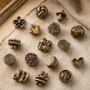 May include: A collection of antique brass cabinet knobs in various shapes, including a flower, mushroom, and heart. The knobs have textured surfaces and are arranged on a neutral background, showcasing their unique designs.
