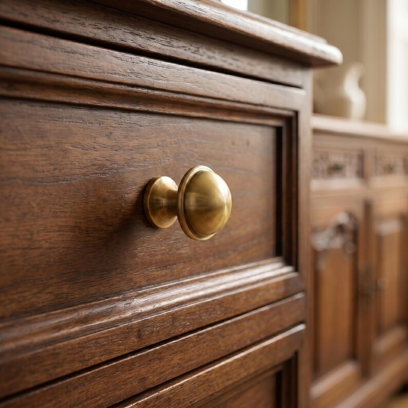 Op de afbeelding: Close-up van een houten lade met een messing knop. De lade maakt deel uit van een grotere houten kast, die de rijke nerf en warme tinten van het hout laat zien. De messing knop voegt een vleugje elegantie toe aan het klassieke ontwerp.