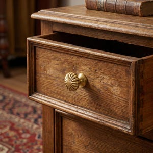 May include: A close-up of a wooden nightstand with an open drawer. The drawer features a decorative, gold-colored knob. The wood has a warm, brown tone and visible grain. A book rests on the top surface of the nightstand.