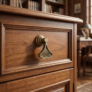 May include: Close-up of a wooden cabinet drawer with a decorative brass handle. The handle has a fan-like design. The cabinet is made of dark wood with a visible wood grain. The drawer is framed with a recessed panel.