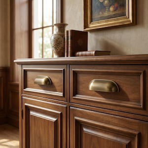 Könnte beinhalten: Ein dunkler Holzschrank mit zwei Schubladen und zwei Türen, mit halbmondförmigen Griffen in Messingfarbe. Eine dekorative Vase und ledergebundene Bücher stehen obenauf. Der Schrank befindet sich in einem Raum mit Fenster und gerahmtem Gemälde.