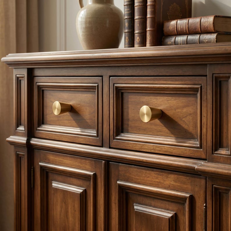 Puede incluir: Primer plano de un mueble de madera marr&oacute;n oscuro con dos cajones y dos puertas. Los cajones tienen pomos cil&iacute;ndricos dorados. Un jarr&oacute;n decorativo y varios libros est&aacute;n encima del mueble.