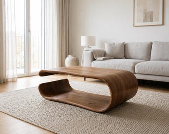 Mesa de centro em cascata de nogueira, mesa de centro de madeira curvada, mesa escultural para sala de estar, mesa de centro moderna e orgânica
